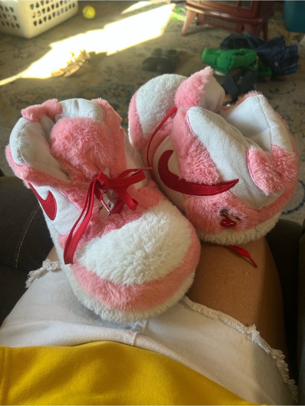 Nike Kids Pink, White and Red Fuzzy Slipper Sneakers